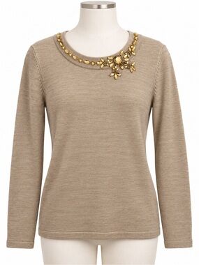 NWOT Tanjay Embellished Tan Jewel Sweater, Size Small, Women’s, Gold, Fancy